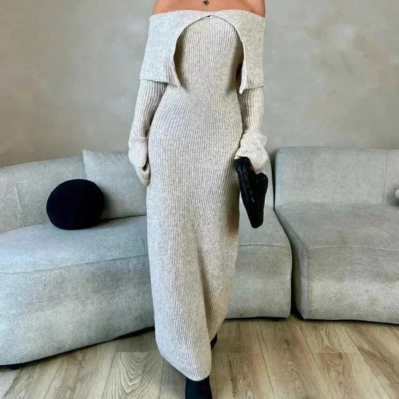 Khaki Elegant Women's Solid Color Long Sleeve Off Shoulder Casual Dress - Picture 1 of 6